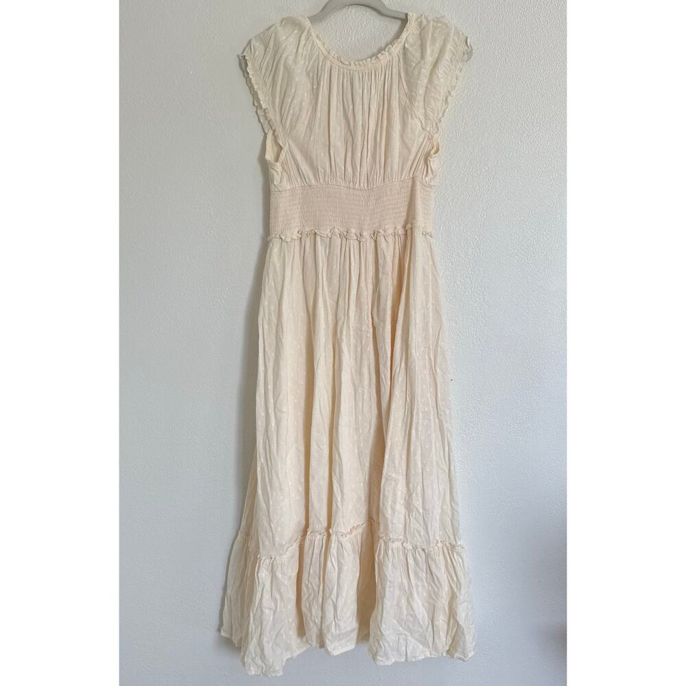 Old Navy Waist Defined Puff Sleeve Clip Dot Midi Dress Cream Ivory Boho Medium - Picture 5 of 10